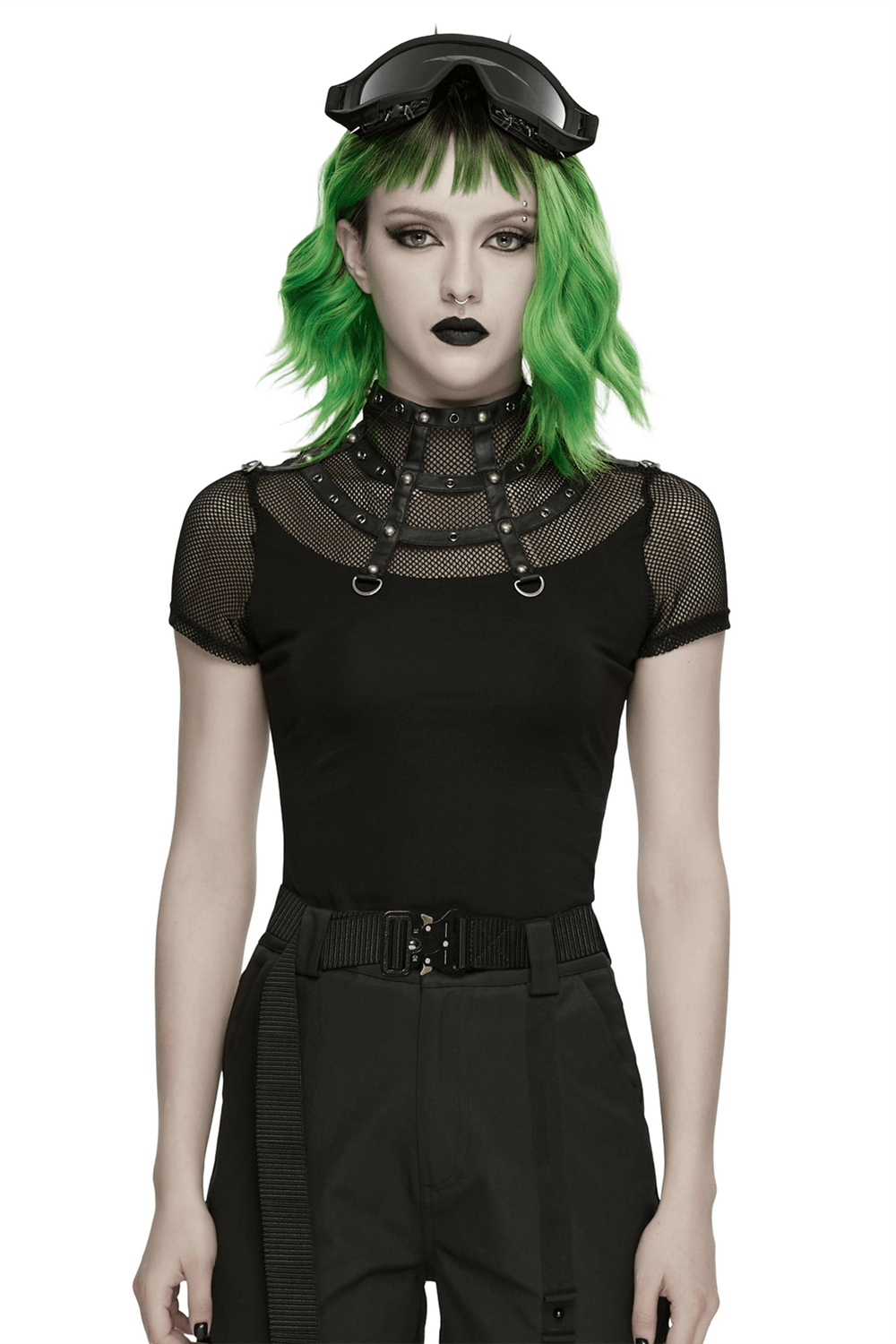Punk Mesh Cage T-Shirt with Stand Up Collar and Zipper worn by a model with green hair and black pants.